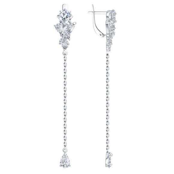 925 Sterling Silver Rhodium Plated Pear and Princess Cut CZ Dangle Earrings - Picture 2 of 14